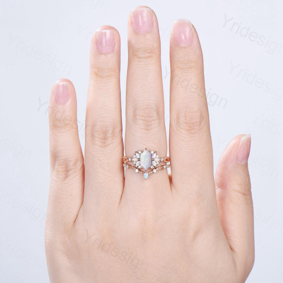 Vintage long hexagon white opal wedding ring set rose gold vintage opal engagement ring rose gold infinity split shank bridal set for women