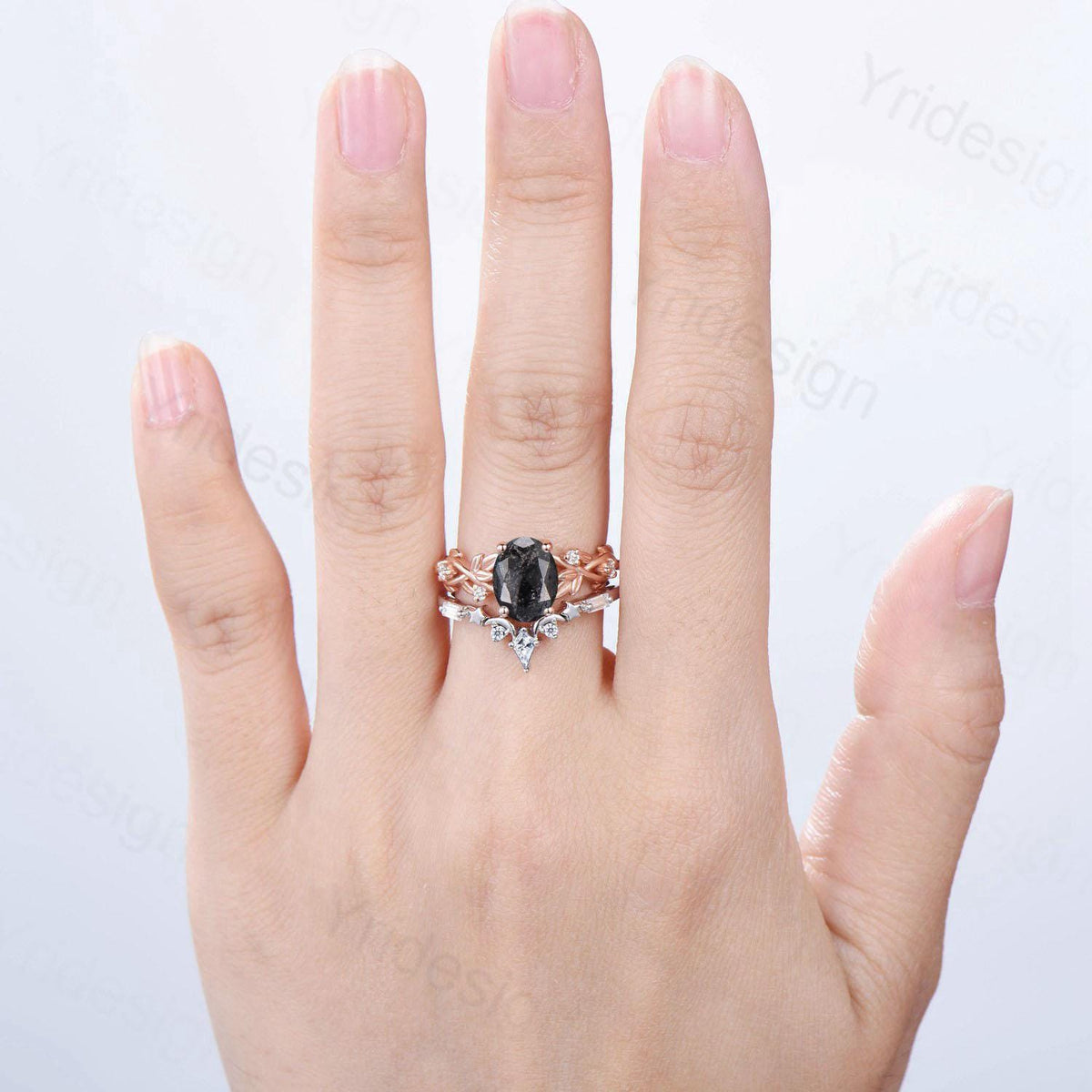 1.5CT Oval Salt And Pepper Diamond Engagement Ring Set Nature Inspired Wedding Set Unique Moon Star Stacking Matching Band Anniversary Gift