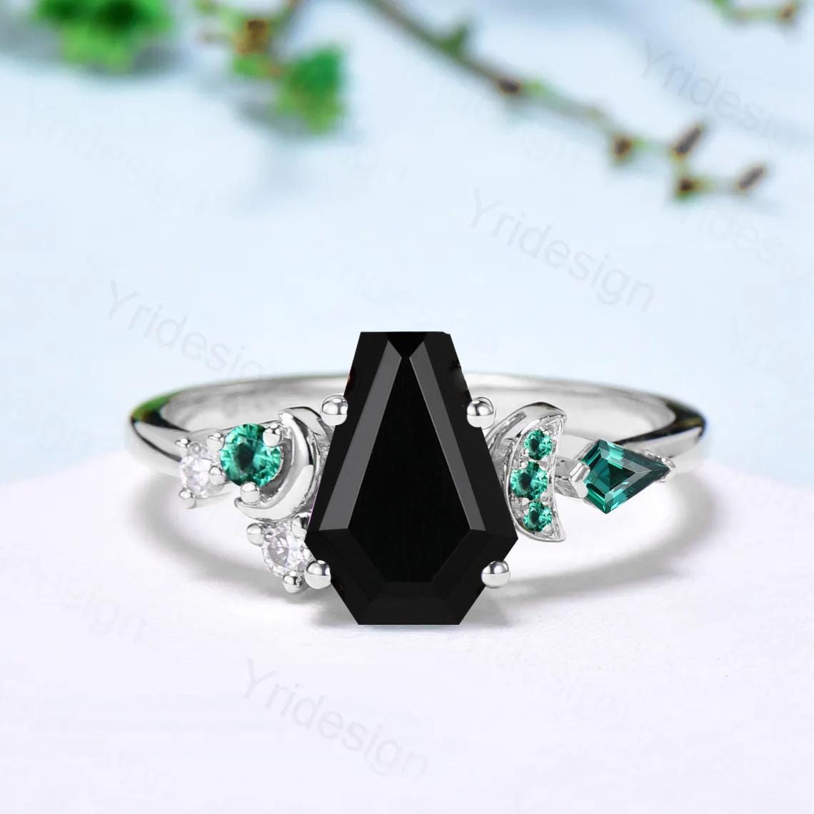 Coffin cut black onyx ring Black gold gothic engagement ring moon design cluster emerald wedding ring vintage anniversary promise ring women