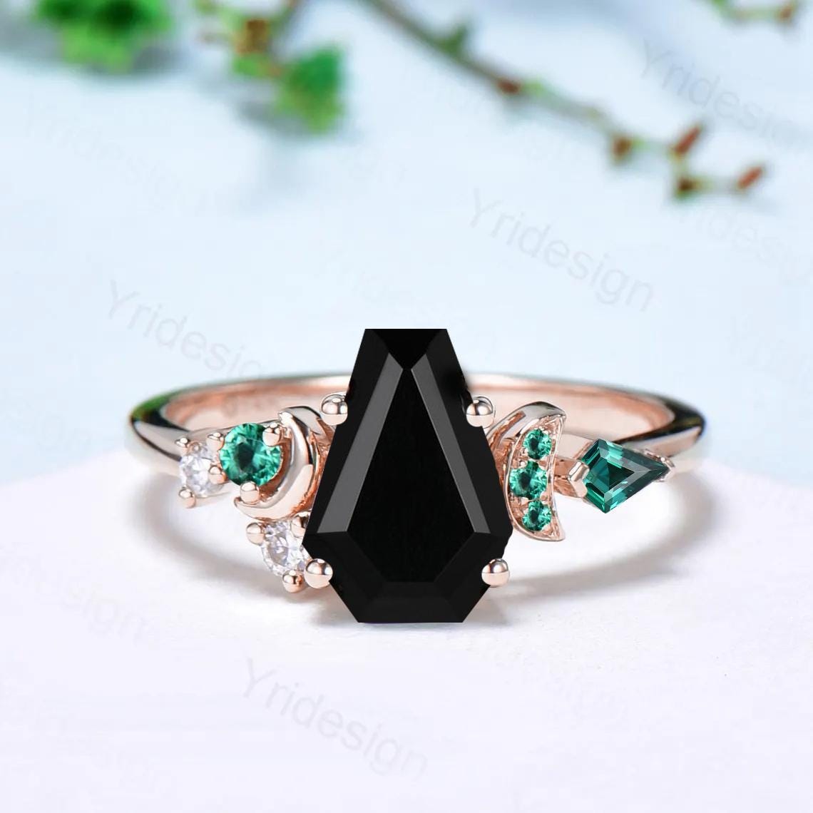 Coffin cut black onyx ring Black gold gothic engagement ring moon design cluster emerald wedding ring vintage anniversary promise ring women