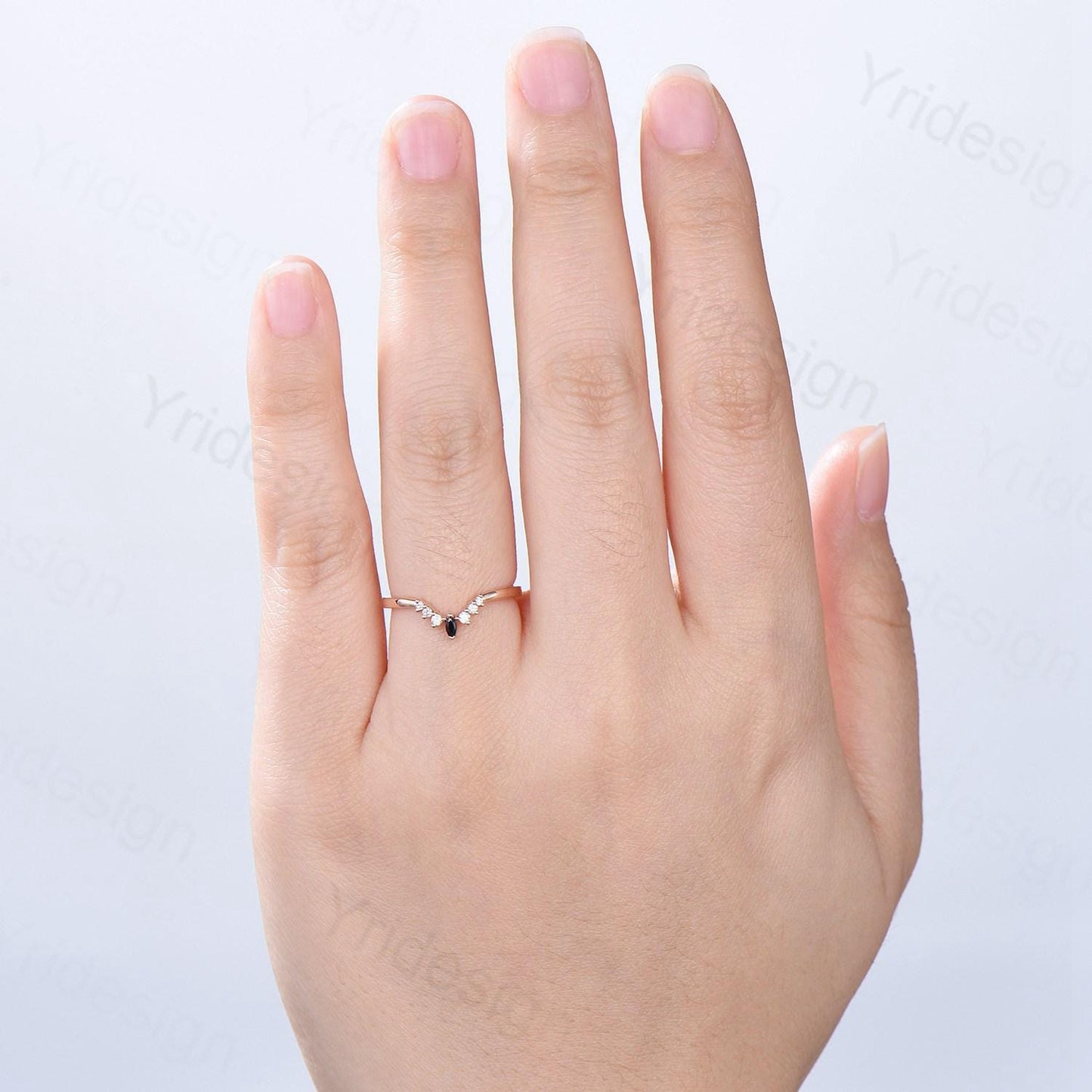 Curved 14K Rose Gold Lab Grown diamond wedding band women custom black spinel wedding band art deco matching stacking band anniversary gift