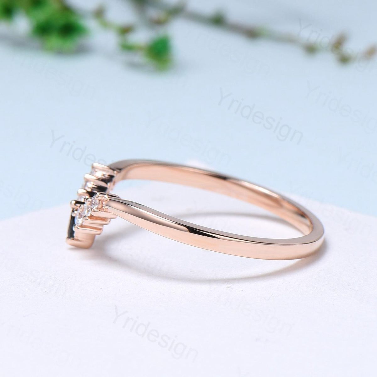 Curved 14K Rose Gold Lab Grown diamond wedding band women custom black spinel wedding band art deco matching stacking band anniversary gift