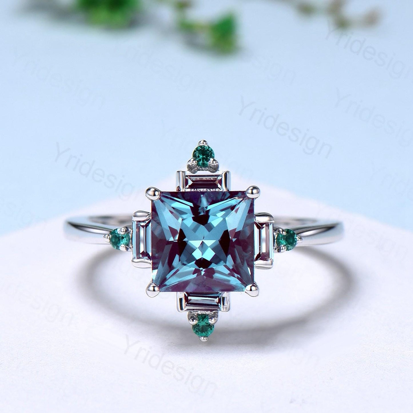 Unique 2 carat princess cut alexandrite ring halo baguette color change stone engagement ring-14k white gold art deco anniversary ring gift