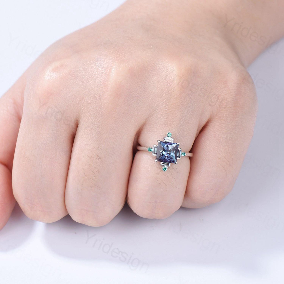 Unique 2 carat princess cut alexandrite ring halo baguette color change stone engagement ring-14k white gold art deco anniversary ring gift