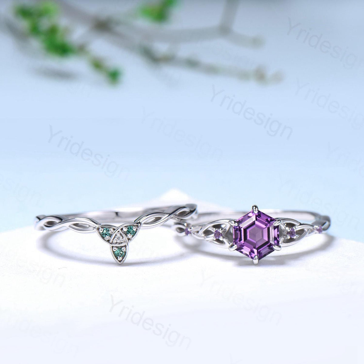 Norse Viking Hexagon Amethyst Ring Set Celtic Love Knot Purple Gemstone Engagement Ring Unique Twisted Emerald Wedding Ring Set For Women