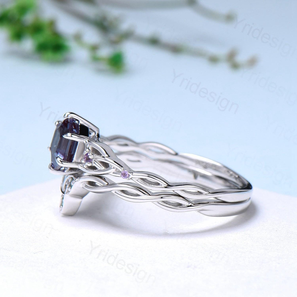 Norse Viking Hexagon Amethyst Ring Set Celtic Love Knot Purple Gemstone Engagement Ring Unique Twisted Emerald Wedding Ring Set For Women