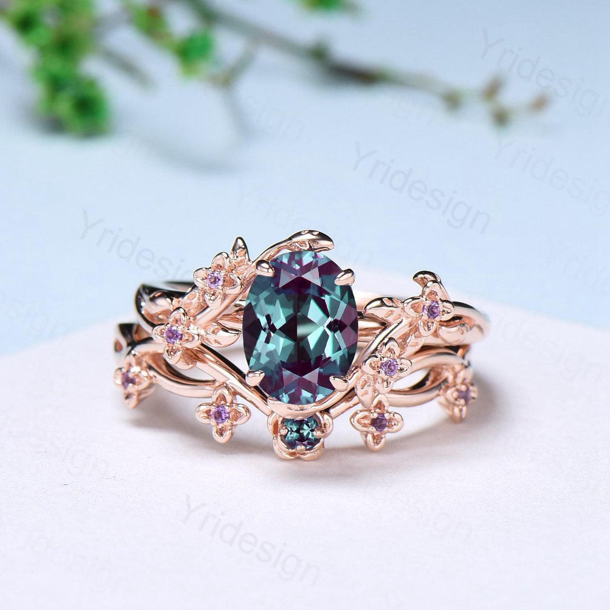 Unique flower alexandrite ring set cluster amethyst color change stone nature inspired engagement ring silver rose gold bridal wedding set