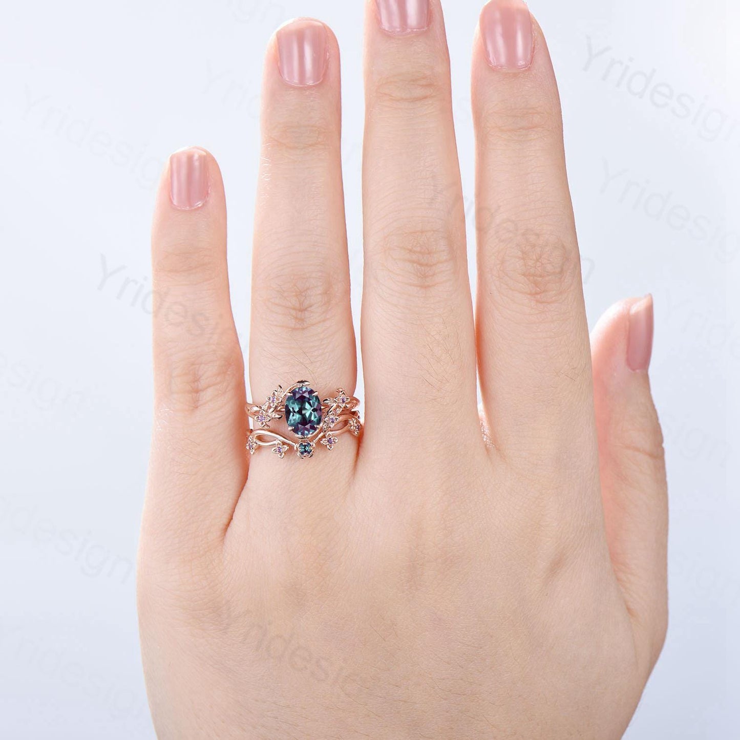 Unique flower alexandrite ring set cluster amethyst color change stone nature inspired engagement ring silver rose gold bridal wedding set