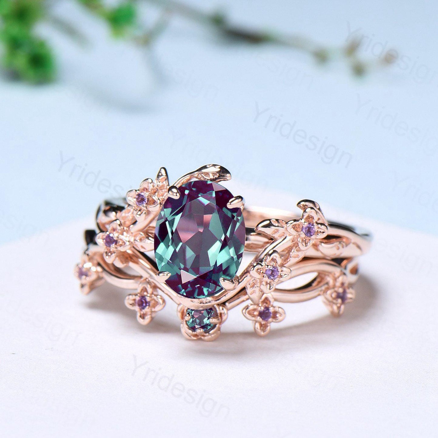 Unique flower alexandrite ring set cluster amethyst color change stone nature inspired engagement ring silver rose gold bridal wedding set