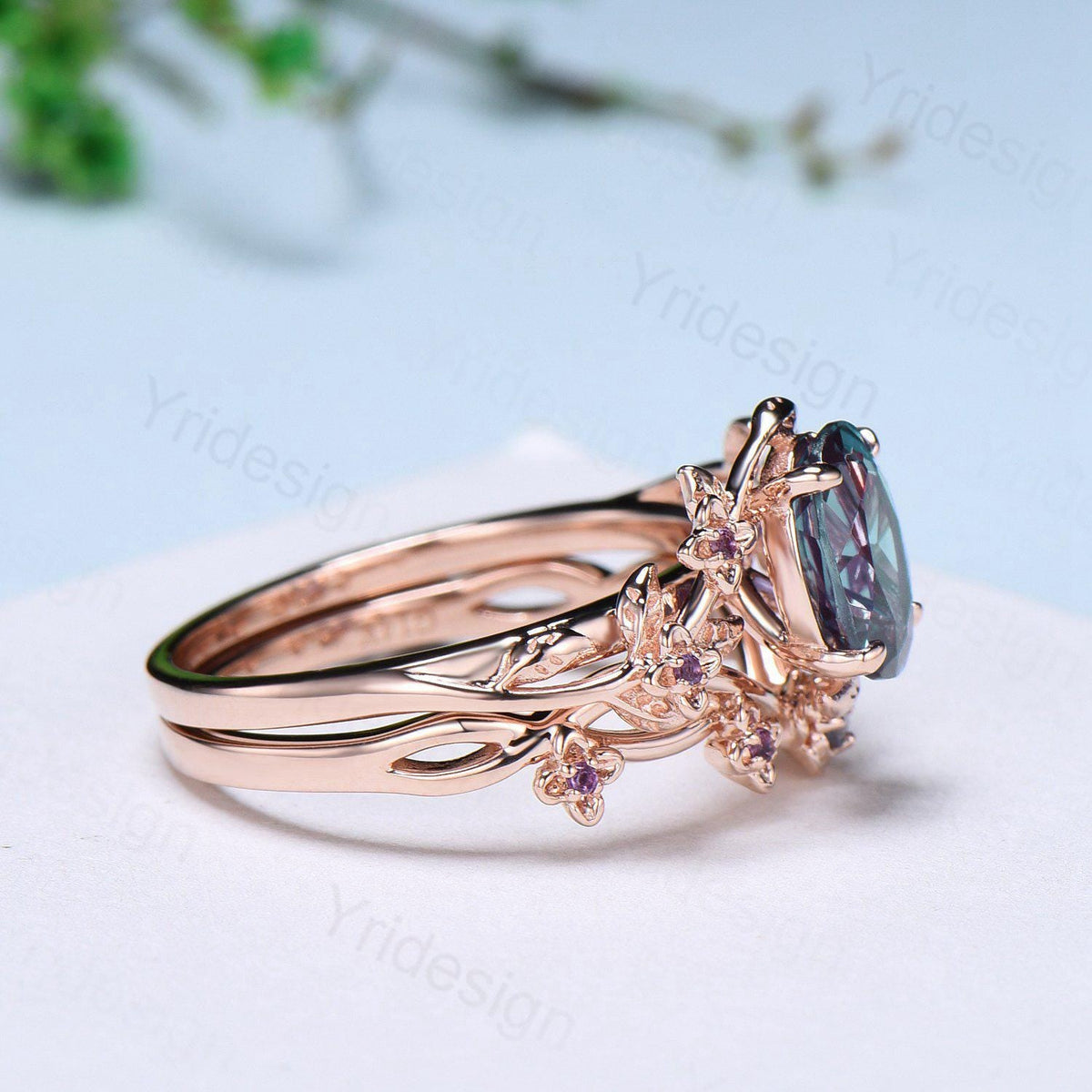 Unique flower alexandrite ring set cluster amethyst color change stone nature inspired engagement ring silver rose gold bridal wedding set