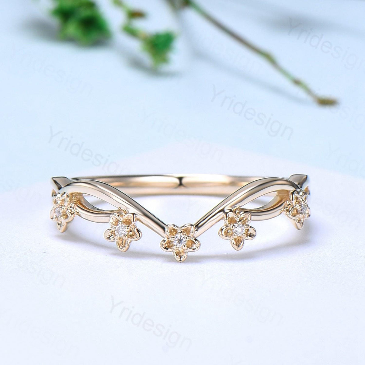 14K Yellow Gold Moissanite Wedding Band, Flower Evil Eye diamond wedding ring, Unique Floral Stacking matching Band, Anniversary band gift