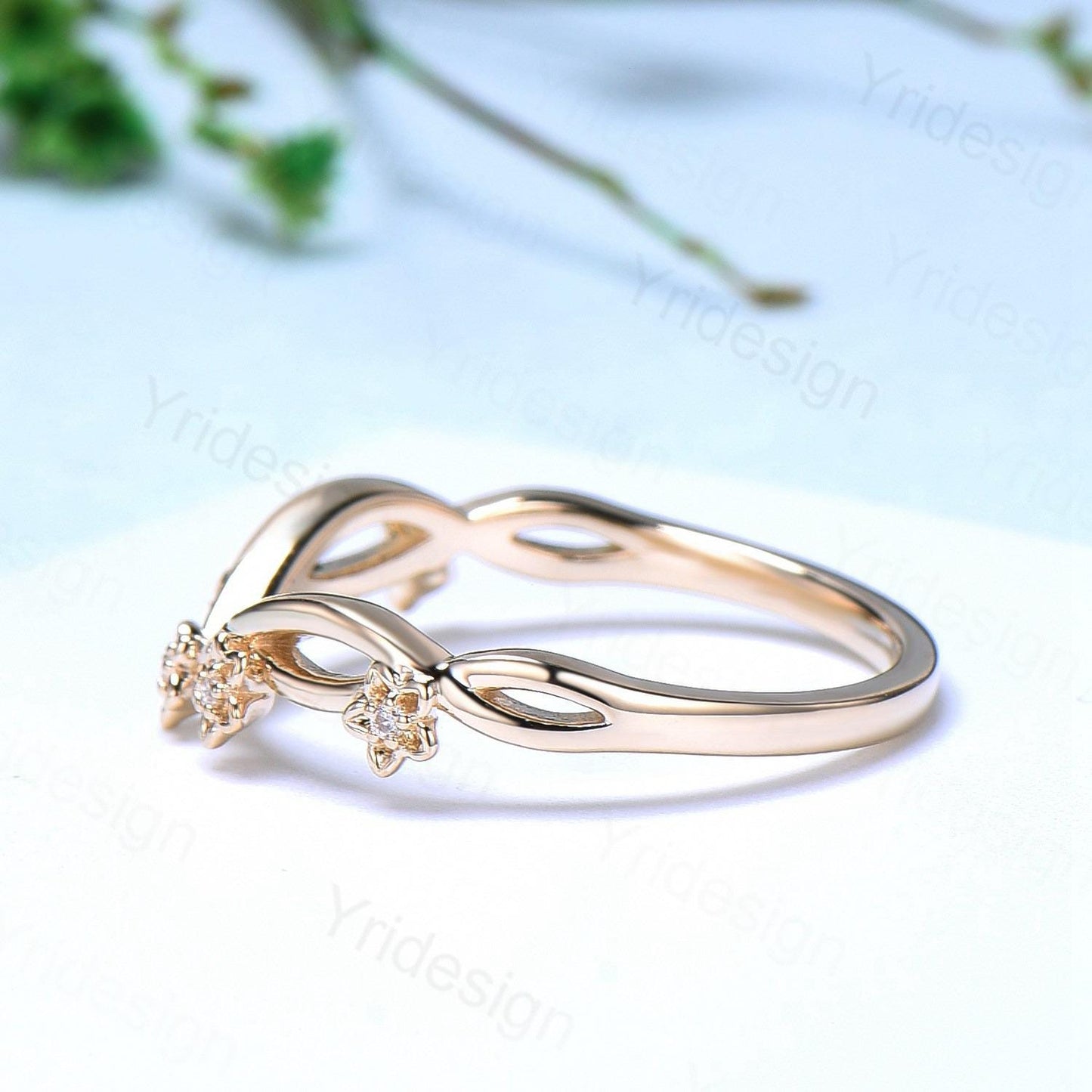 14K Yellow Gold Moissanite Wedding Band, Flower Evil Eye diamond wedding ring, Unique Floral Stacking matching Band, Anniversary band gift