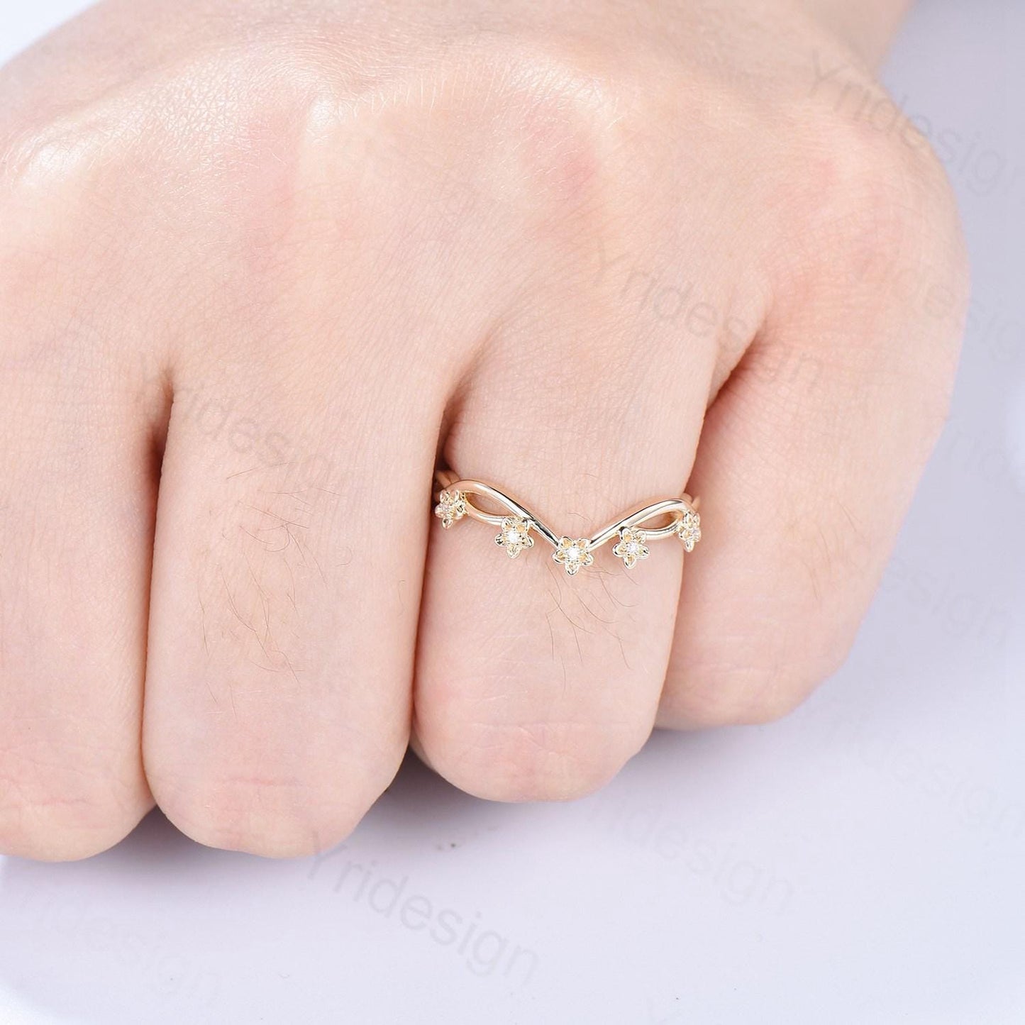 14K Yellow Gold Moissanite Wedding Band, Flower Evil Eye diamond wedding ring, Unique Floral Stacking matching Band, Anniversary band gift