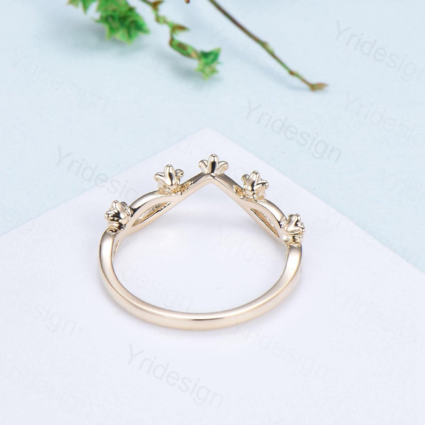 14K Yellow Gold Moissanite Wedding Band, Flower Evil Eye diamond wedding ring, Unique Floral Stacking matching Band, Anniversary band gift