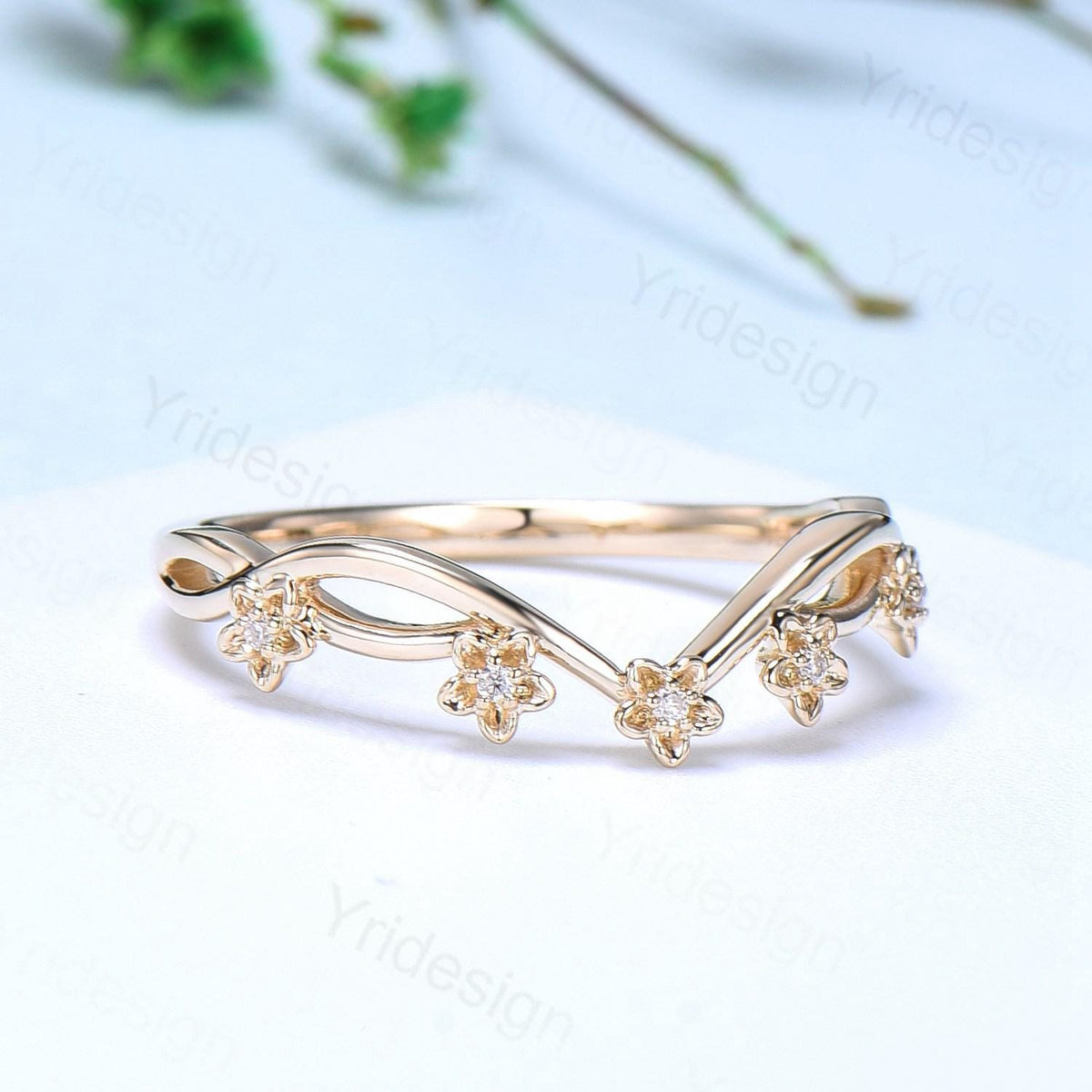 14K Yellow Gold Moissanite Wedding Band, Flower Evil Eye diamond wedding ring, Unique Floral Stacking matching Band, Anniversary band gift