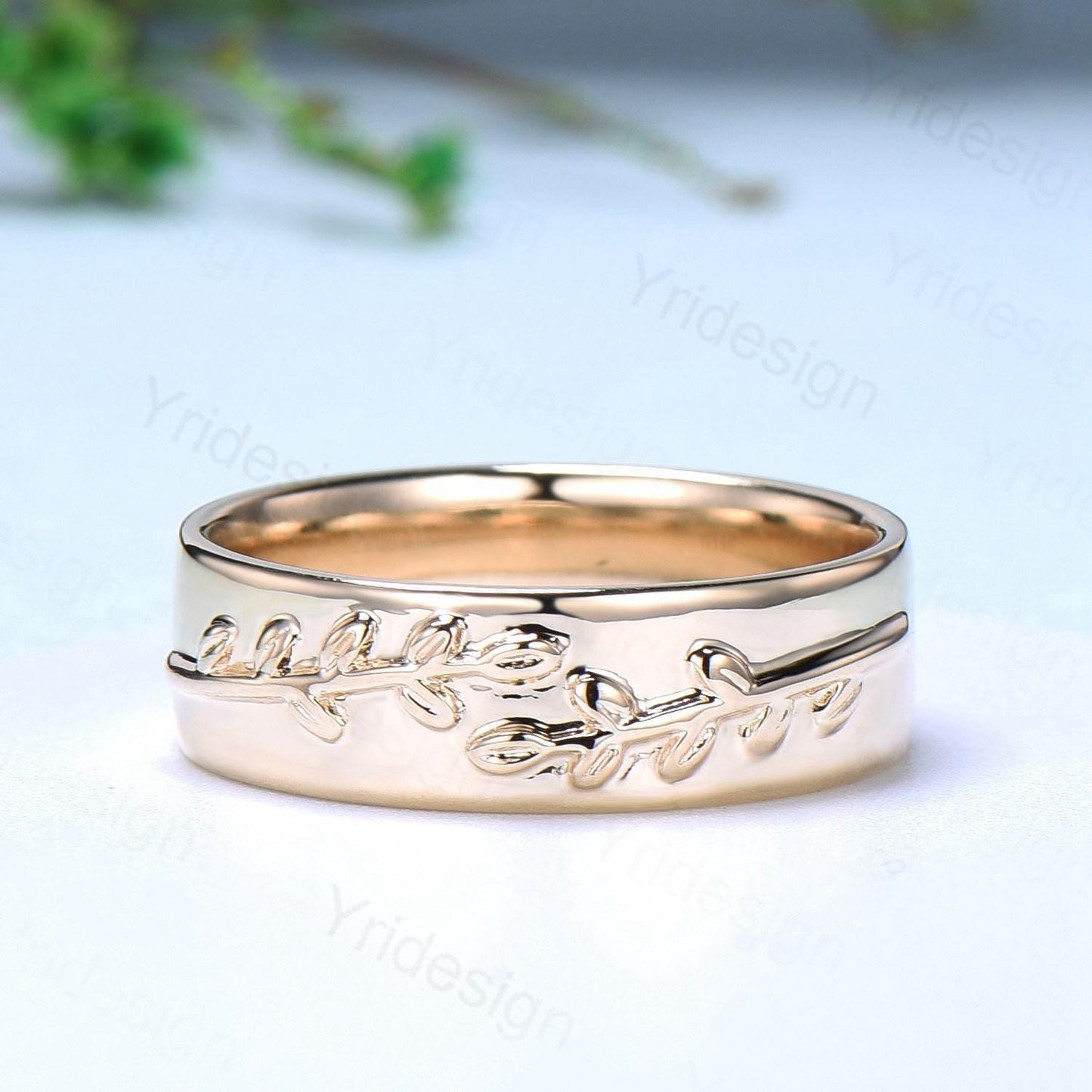 6mm Unique Leaf Wedding Band Mens 14K Yellow Gold Art Deco Leaf Branch Vines Design Wedding Ring Men Anniversary Engagement Rings For Men