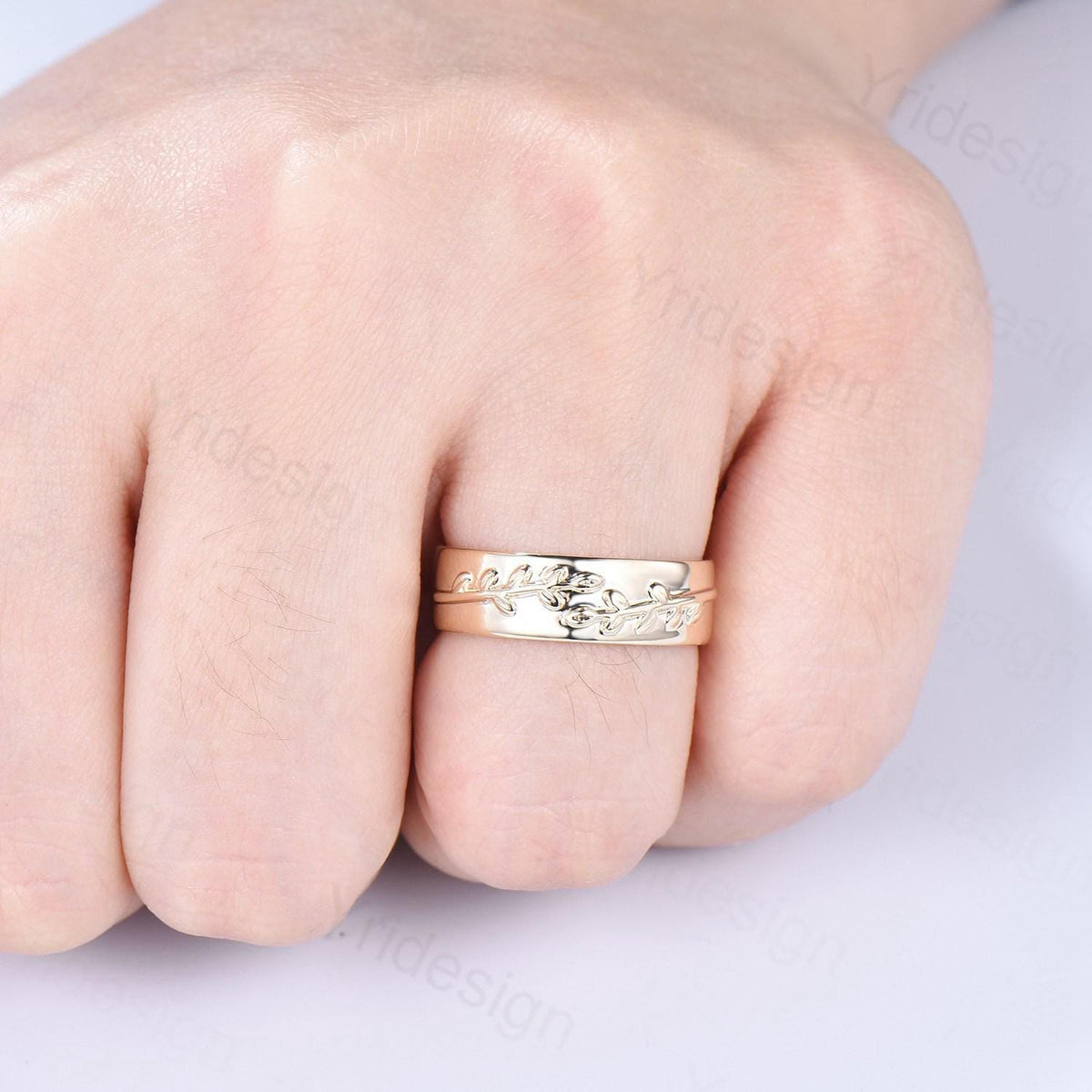 6mm Unique Leaf Wedding Band Mens 14K Yellow Gold Art Deco Leaf Branch Vines Design Wedding Ring Men Anniversary Engagement Rings For Men