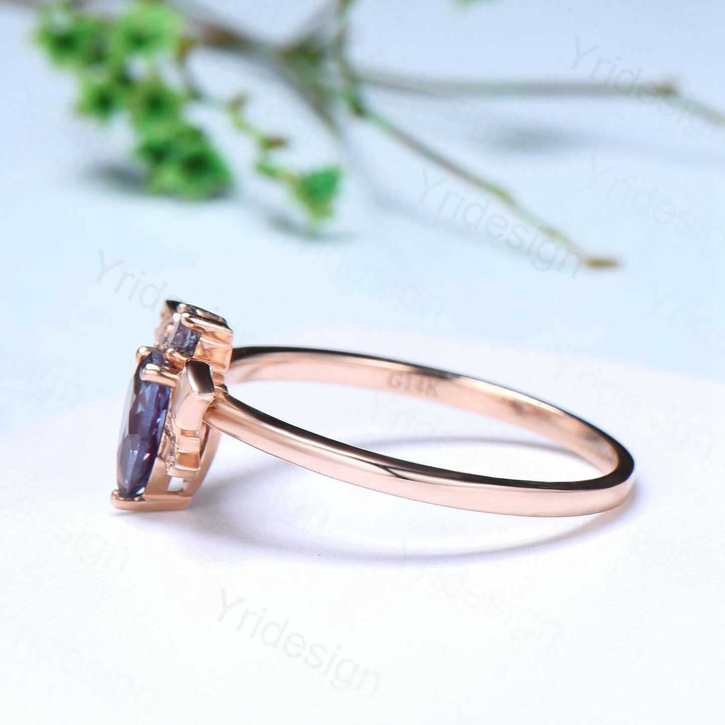 Magic Crescent Moon Star Alexandrite Engagement Ring Unique Bat Color Change Cluster Diamond Wedding Ring Rose Gold Anniversary gift Women