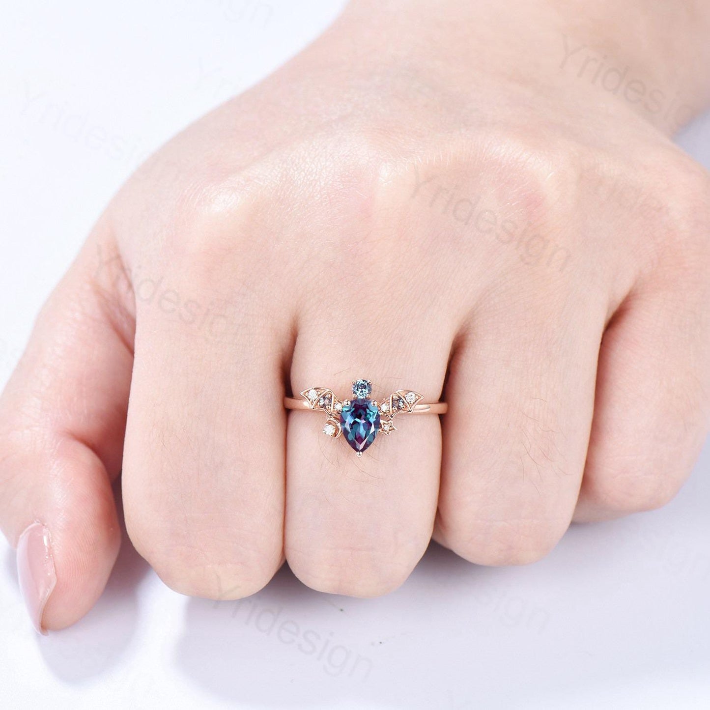 Magic Crescent Moon Star Alexandrite Engagement Ring Unique Bat Color Change Cluster Diamond Wedding Ring Rose Gold Anniversary gift Women