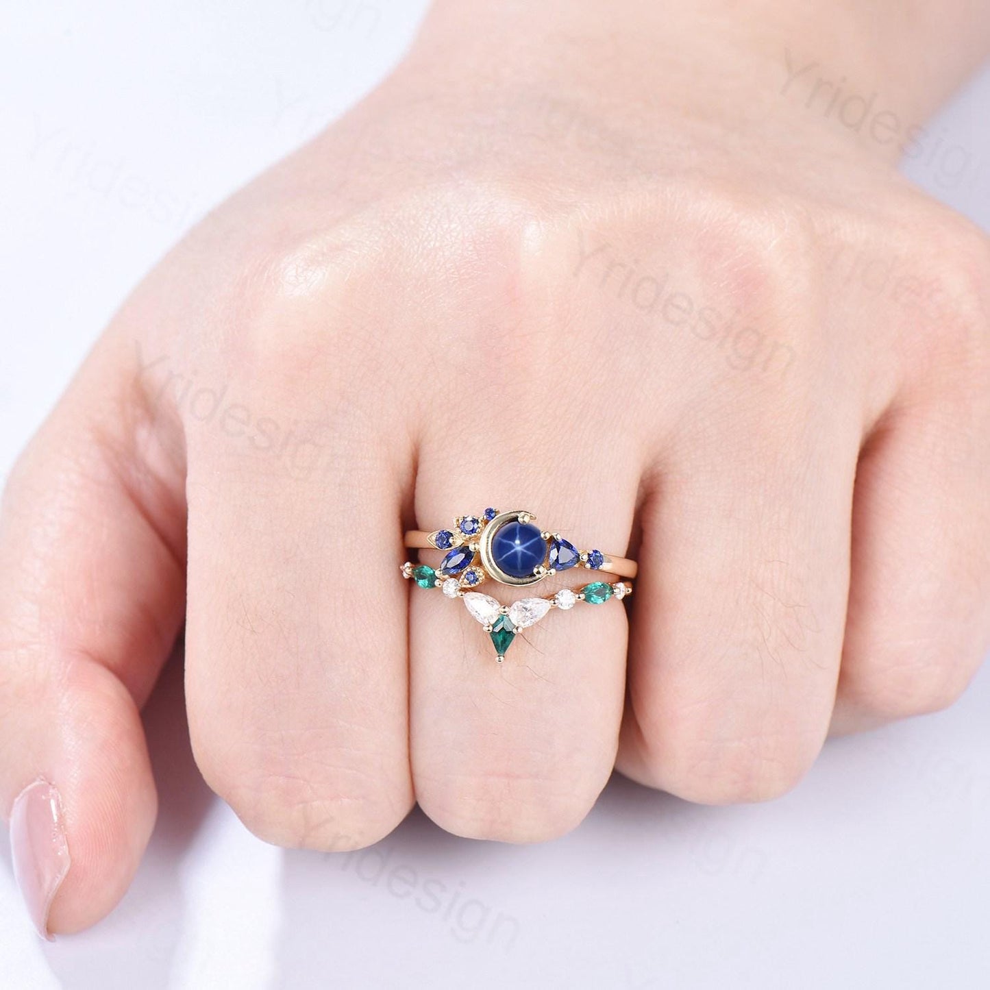 Unique Round Star Sapphire Engagement Ring Set Cluster blue sapphire Wedding Set Unique Personalized Emerald Stacking Band Anniversary Gift