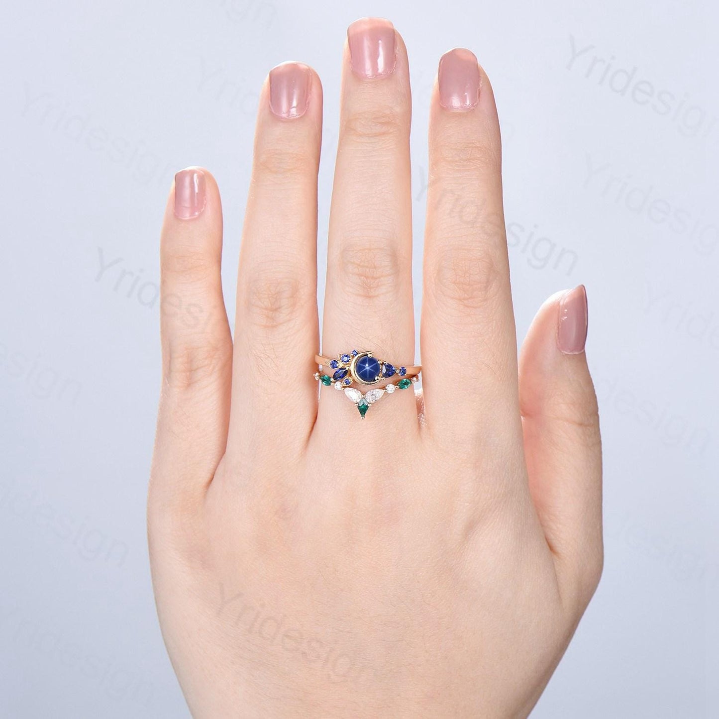Unique Round Star Sapphire Engagement Ring Set Cluster blue sapphire Wedding Set Unique Personalized Emerald Stacking Band Anniversary Gift