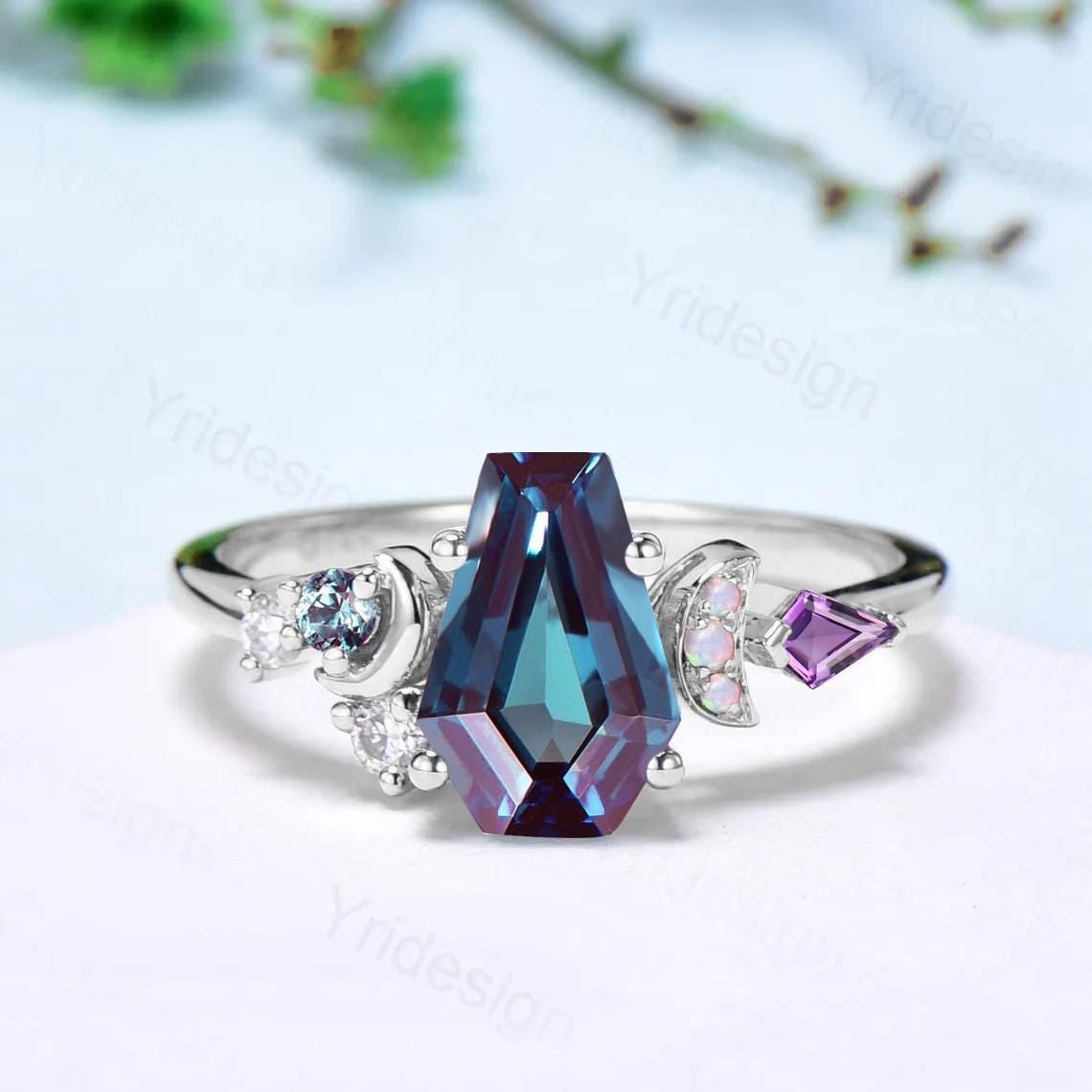 Unique coffin cut moon alexandrite ring, vintage rose gold engagement ring, cluster kite amethyst wedding ring, retro opal anniversary gift