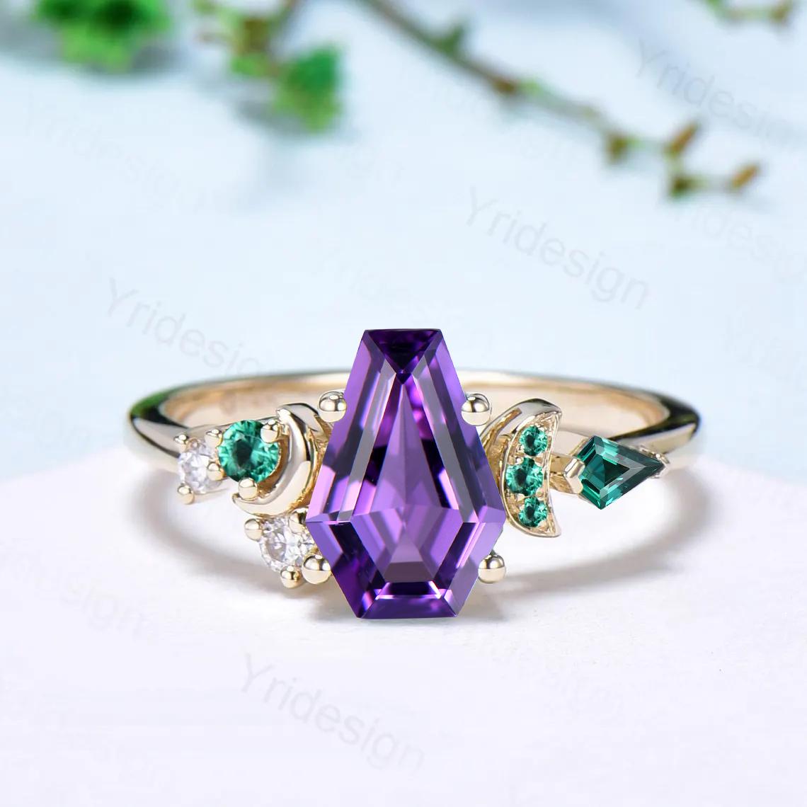 Unique moon amethyst ring, Coffin February birthstone engagement ring, cluster kite emerald wedding ring, perfect promise anniversary gift