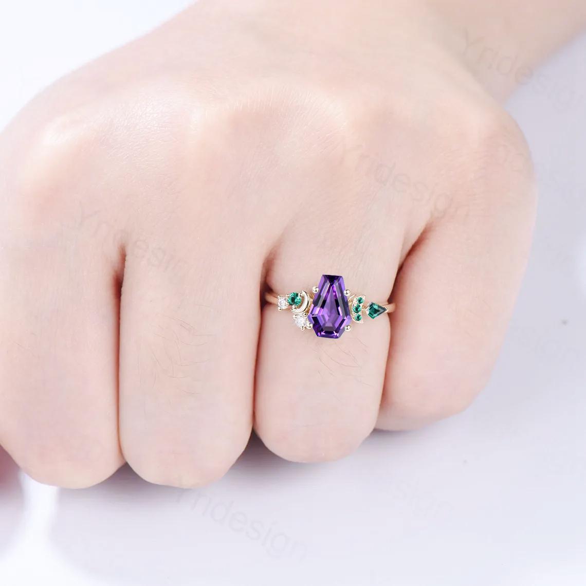 Unique moon amethyst ring, Coffin February birthstone engagement ring, cluster kite emerald wedding ring, perfect promise anniversary gift