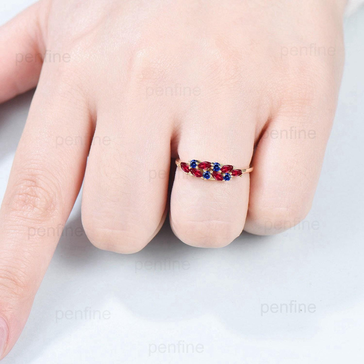 Ruby sapphire cluster wedding band Unique marquise cut ruby wedding band Vintage Stacking ring Solid rose gold ring Anniversary promise gift