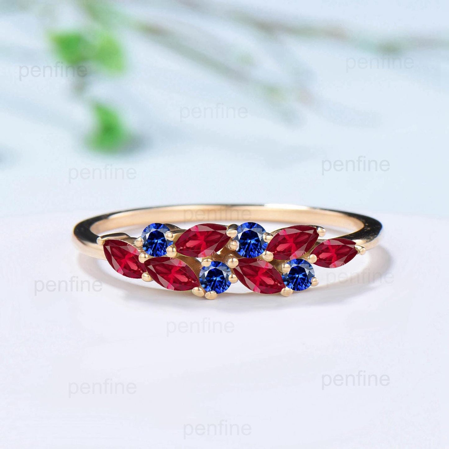 Ruby sapphire cluster wedding band Unique marquise cut ruby wedding band Vintage Stacking ring Solid rose gold ring Anniversary promise gift