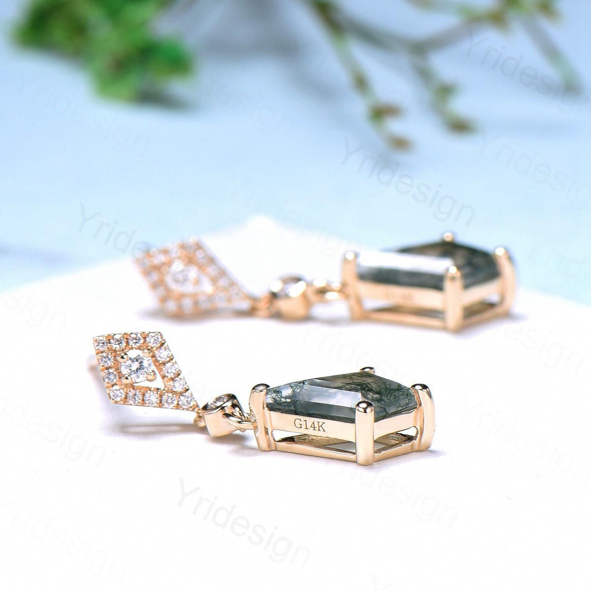Vintage Natural Moss Agate earrings Elegant 14/18K Yellow Gold Kite Cut Green Agate Stud Earrings Women  crystal earrings anniversary gift
