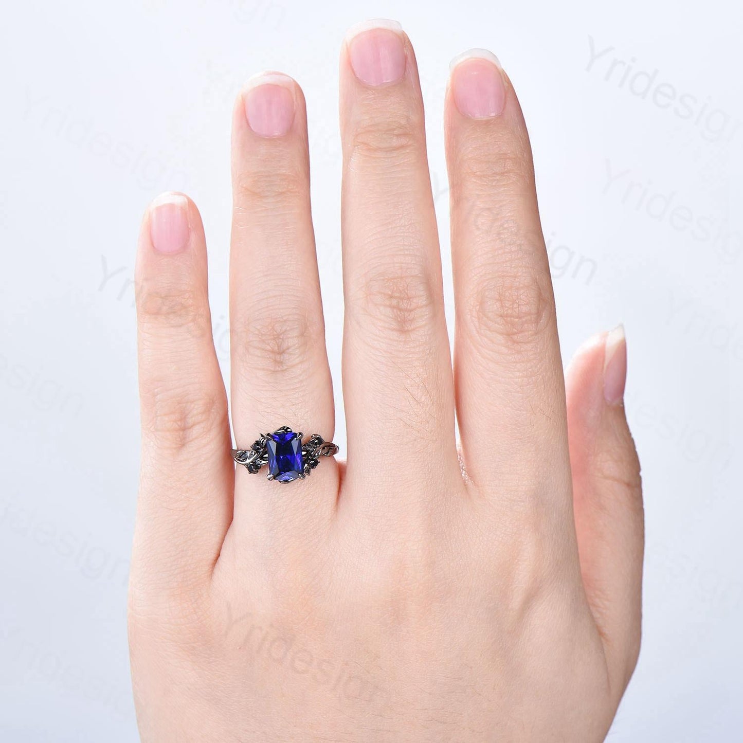 Nature Inspired black gold sapphire engagement ring emerald cut twig vine September birthstone engagement ring cluster spinel promise gift