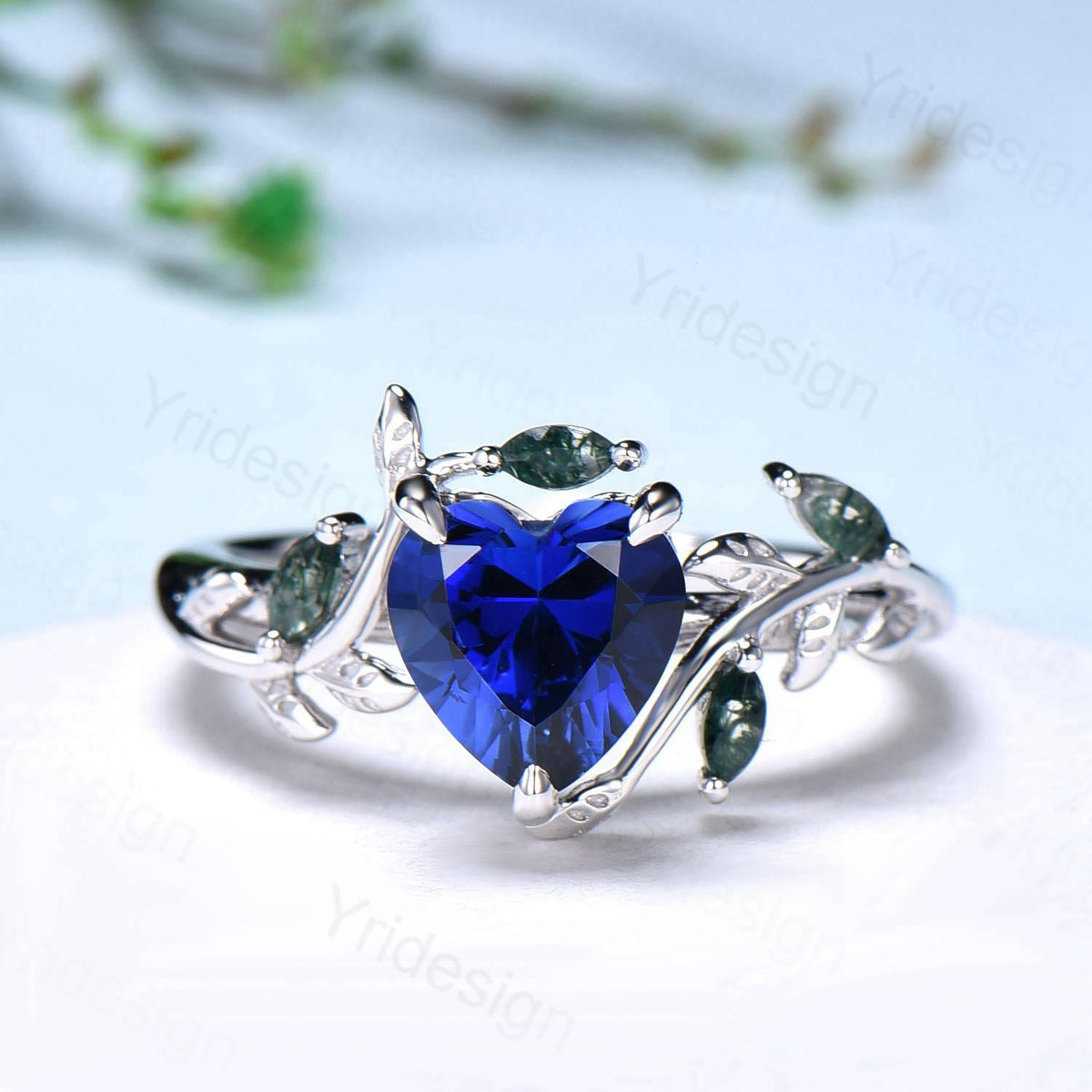 Nature Inspired Heart Shaped Blue Sapphire Engagement Ring Leaves Marquise Moss Agate Twig Wedding Ring Unique Anniversary Promise Ring Gift