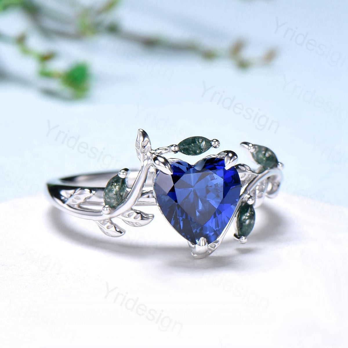 Nature Inspired Heart Shaped Blue Sapphire Engagement Ring Leaves Marquise Moss Agate Twig Wedding Ring Unique Anniversary Promise Ring Gift