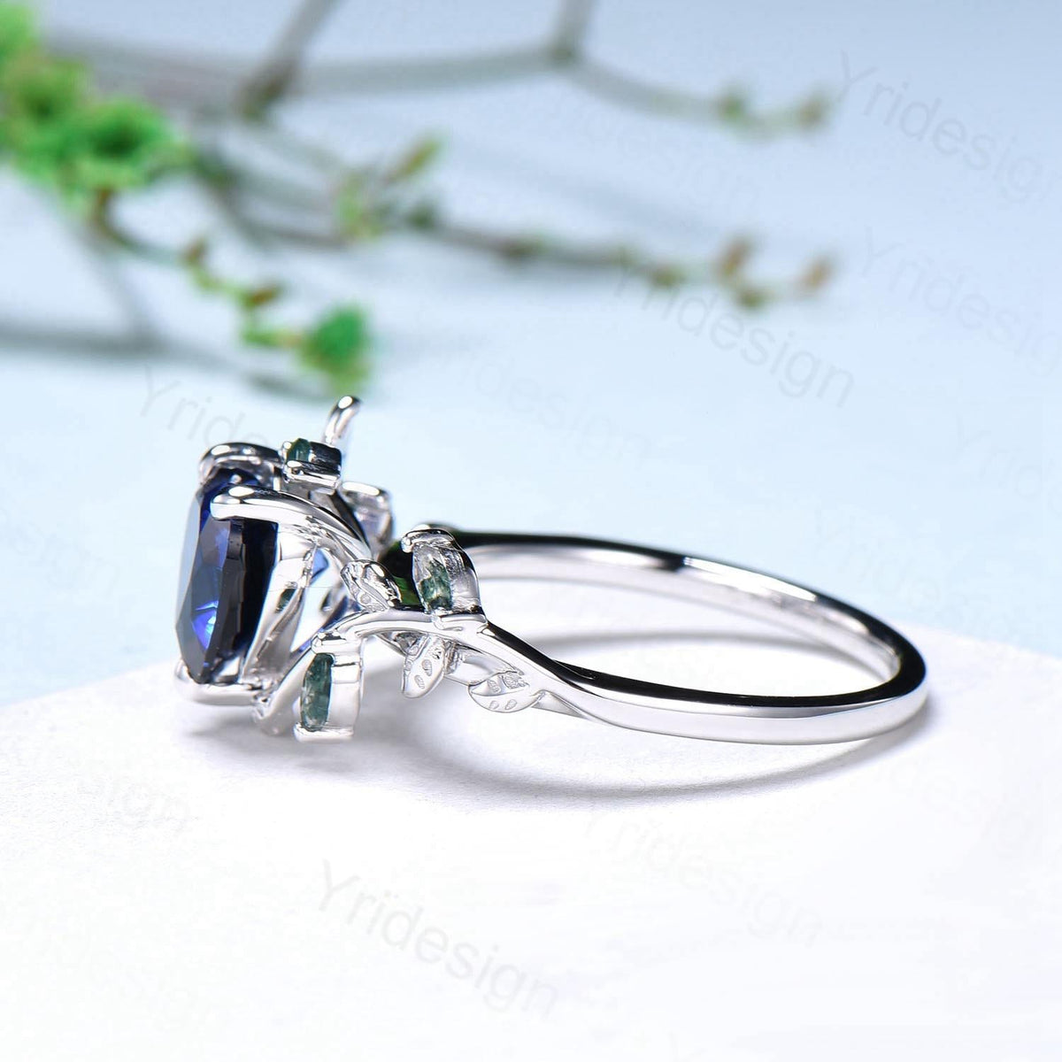 Nature Inspired Heart Shaped Blue Sapphire Engagement Ring Leaves Marquise Moss Agate Twig Wedding Ring Unique Anniversary Promise Ring Gift