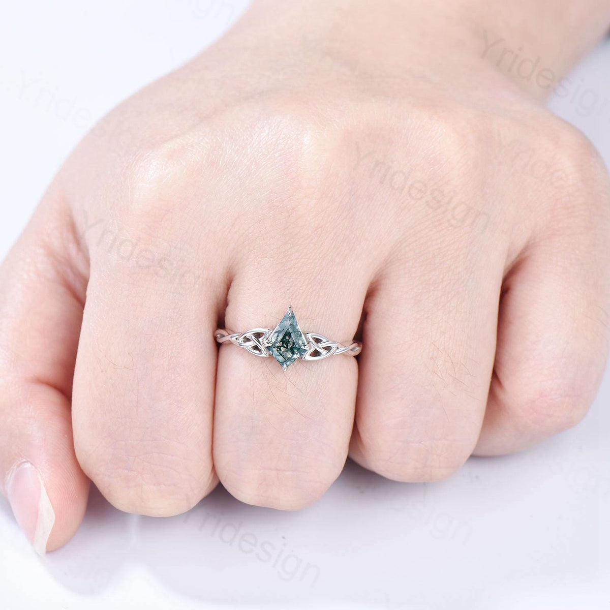 Norse Viking Kite Cut Moss Agate Engagement Ring Set Celtic Love Knot Moonstone Wedding Band Vintage Unique Twisted Green Crystal Bridal Set
