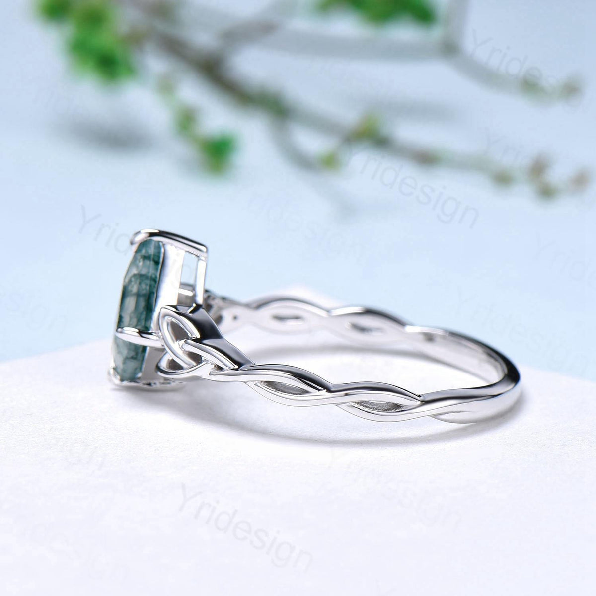 Norse Viking Kite Cut Moss Agate Ring Celtic Love Knot Green Agate Engagement Ring Vintage Unique Twisted Green Crystal Wedding Ring Women