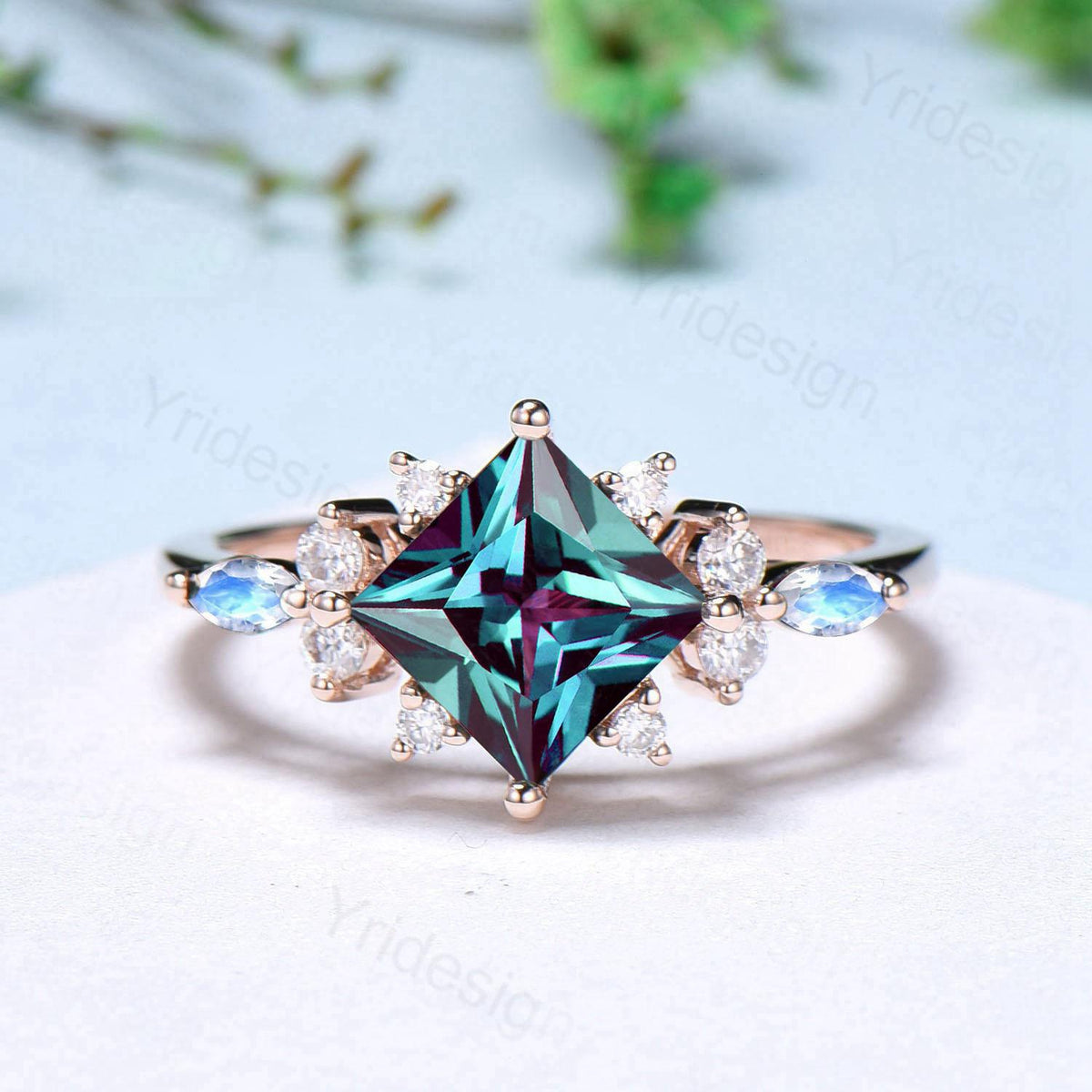 Unique 2CT Princess Cut Alexandrite Engagement Ring Cluster Nature Marquise Moonstone June Birthstone Ring Set 2pcs 14K Rose Gold Bridal Set