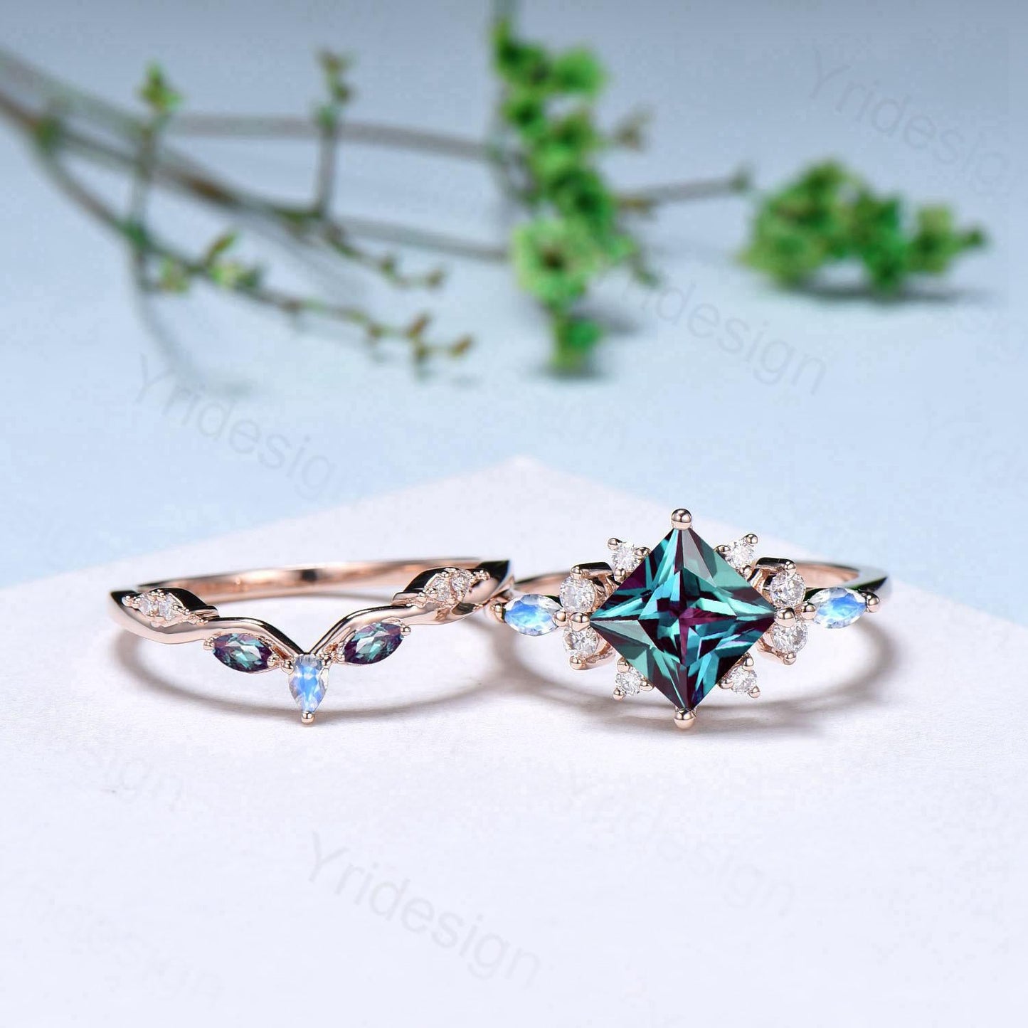 Unique 2CT Princess Cut Alexandrite Engagement Ring Cluster Nature Marquise Moonstone June Birthstone Ring Set 2pcs 14K Rose Gold Bridal Set