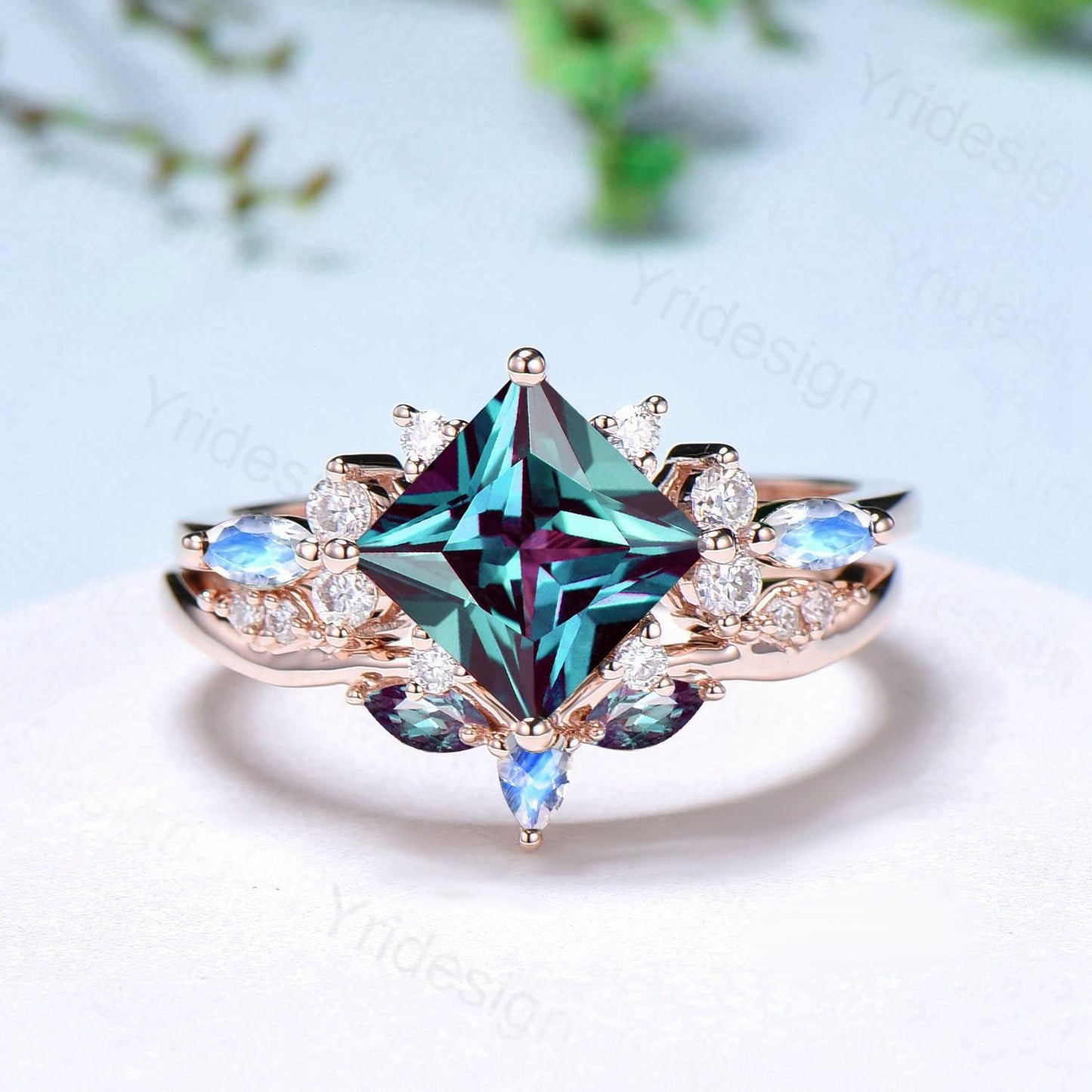 Unique 2CT Princess Cut Alexandrite Engagement Ring Cluster Nature Marquise Moonstone June Birthstone Ring Set 2pcs 14K Rose Gold Bridal Set