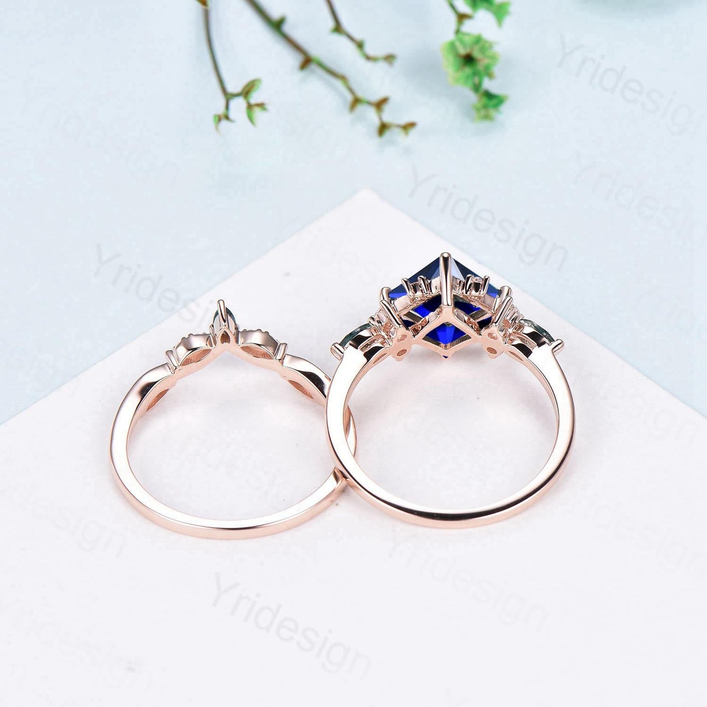 Vintage 2CT Princess Cut Sapphire Engagement Ring Cluster Nature Marquise Blue Gemstone Ring Set 2pcs Sapphire Bridal Ring 14K Rose Gold Set