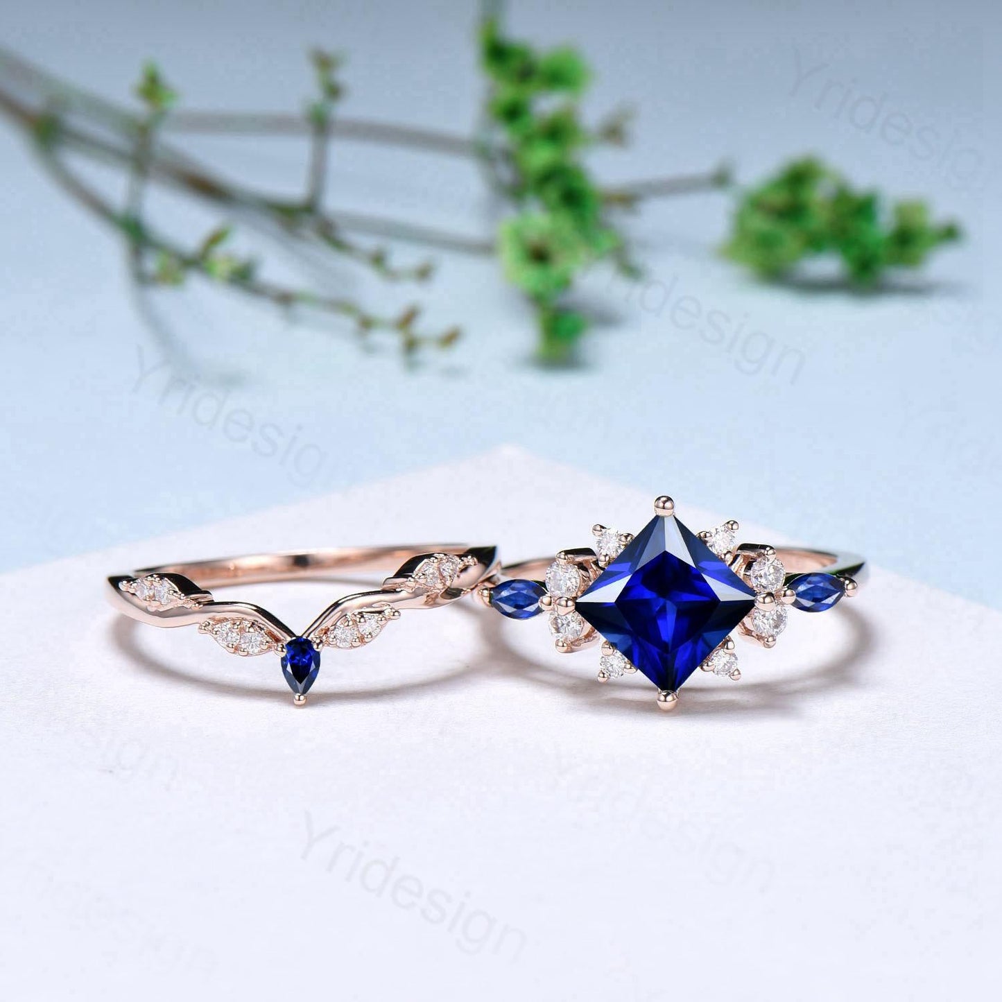 Vintage 2CT Princess Cut Sapphire Engagement Ring Cluster Nature Marquise Blue Gemstone Ring Set 2pcs Sapphire Bridal Ring 14K Rose Gold Set