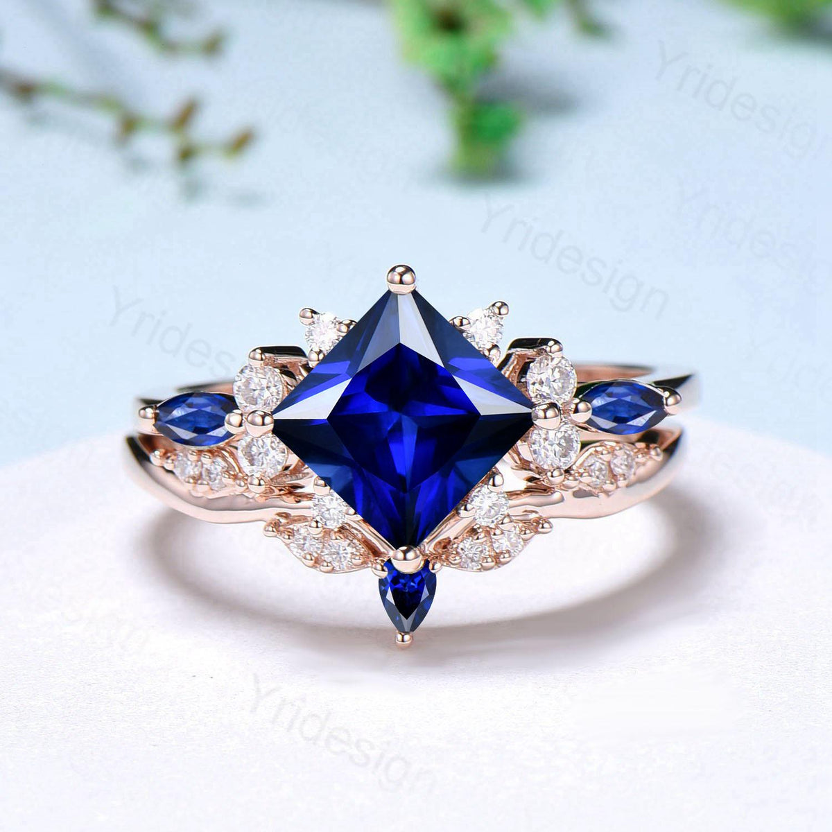 Vintage 2CT Princess Cut Sapphire Engagement Ring Cluster Nature Marquise Blue Gemstone Ring Set 2pcs Sapphire Bridal Ring 14K Rose Gold Set