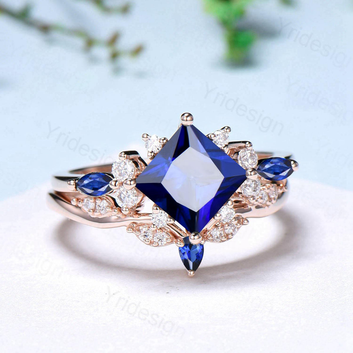 Vintage 2CT Princess Cut Sapphire Engagement Ring Cluster Nature Marquise Blue Gemstone Ring Set 2pcs Sapphire Bridal Ring 14K Rose Gold Set