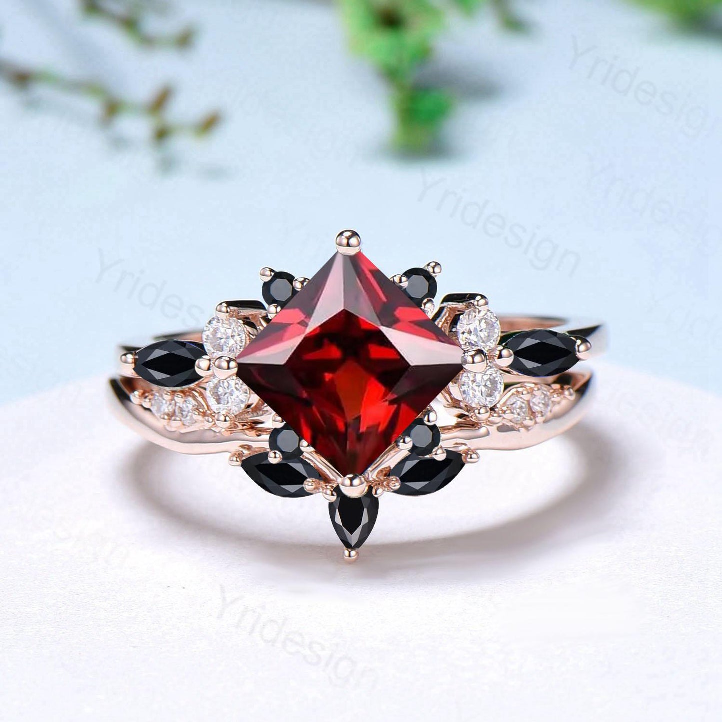 Vintage 2CT Princess Cut Garnet Engagement Ring Set Cluster Black Spinel Wedding Ring Set 2pcs Bridal Ring 14K Rose Gold Anniversary Gift