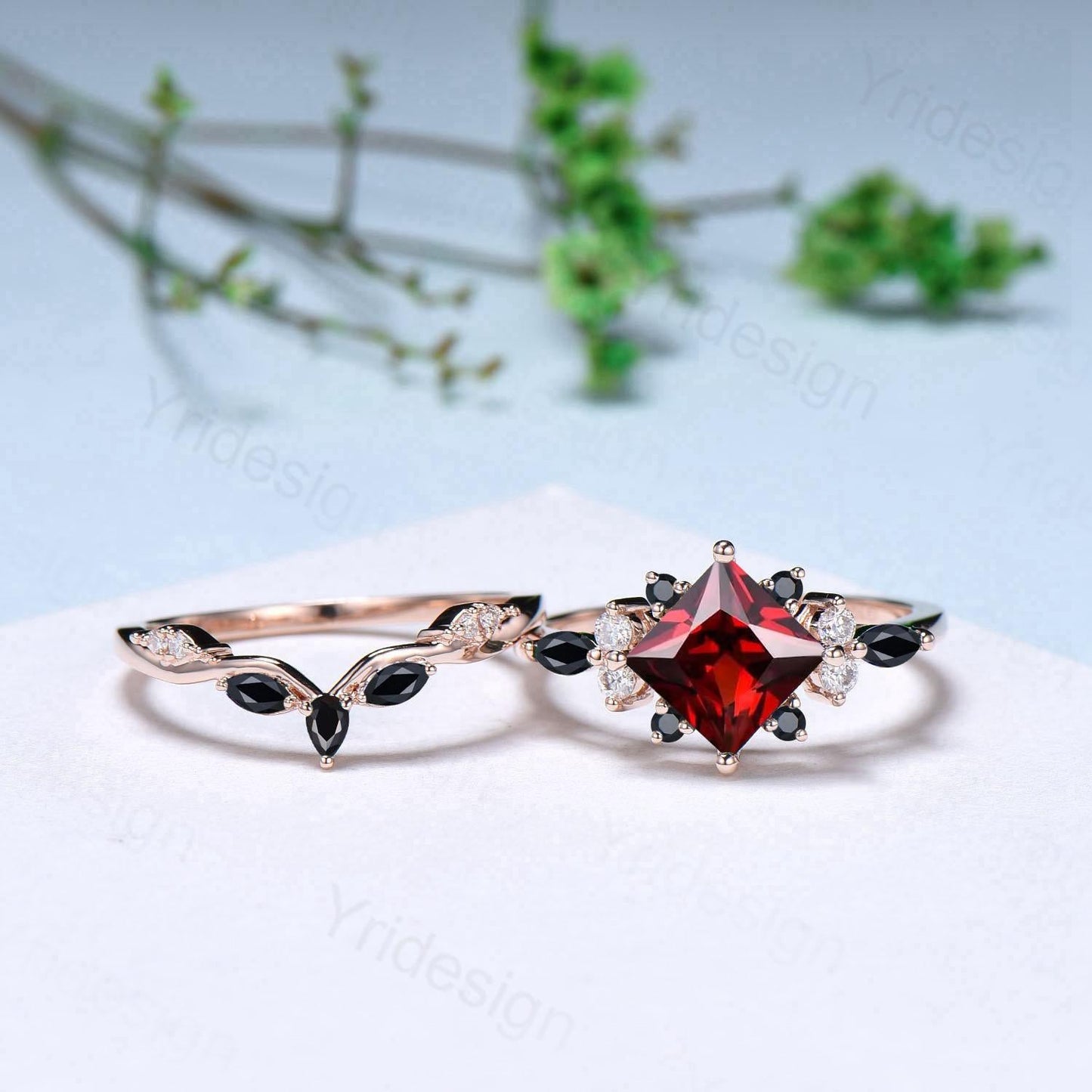 Vintage 2CT Princess Cut Garnet Engagement Ring Set Cluster Black Spinel Wedding Ring Set 2pcs Bridal Ring 14K Rose Gold Anniversary Gift