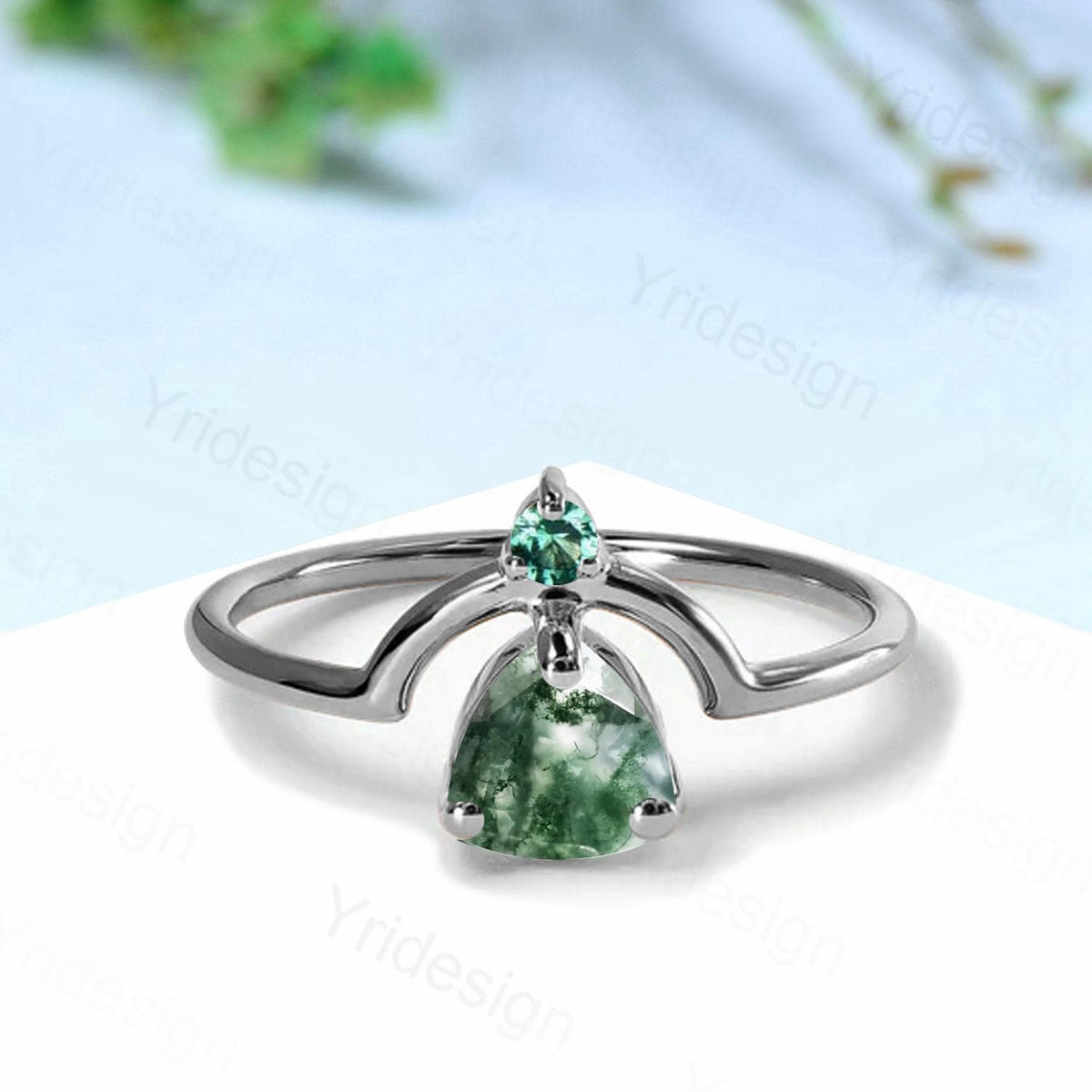 Unique trillion natural green moss agate engagement ring Nestled agate emerald wedding ring art deco curved infinity band anniversary gift