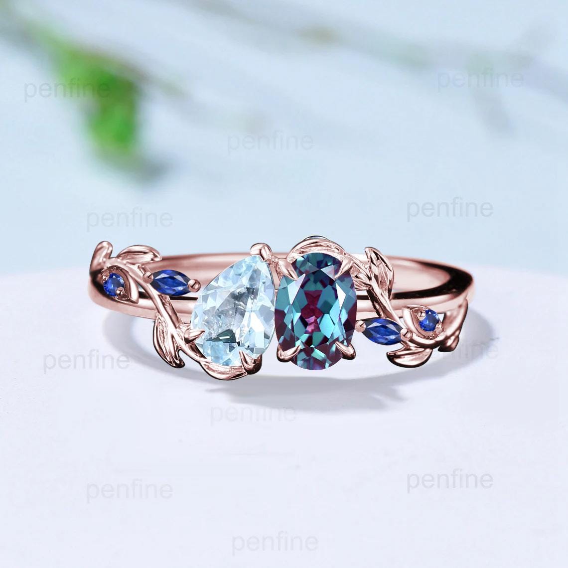 Nature Inspired alexandrite engagement ring Unique twig vine pear shaped aquamarine engagement ring cluster sapphire wedding ring for women