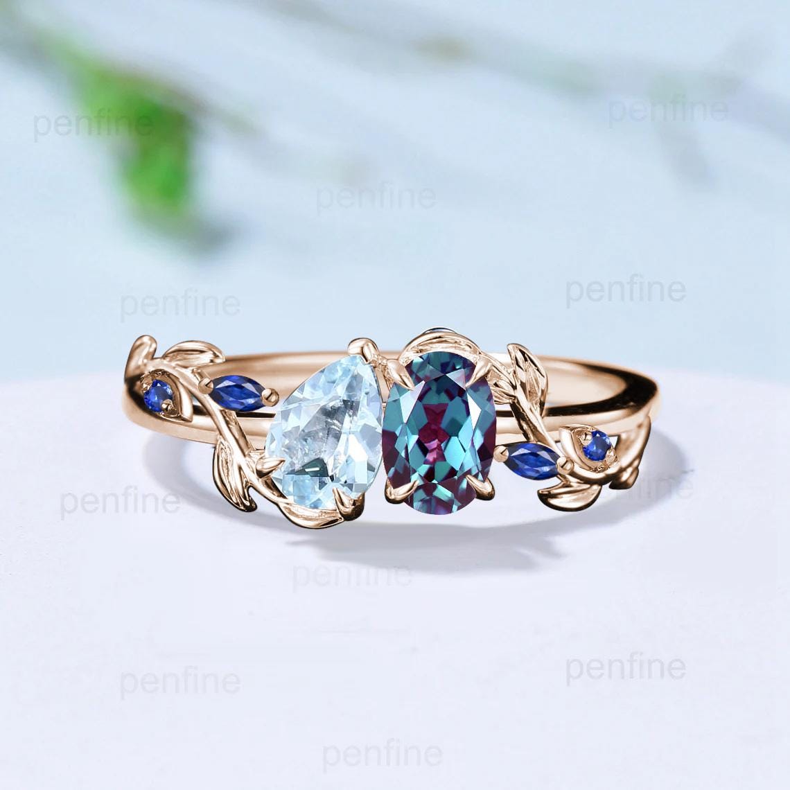 Nature Inspired alexandrite engagement ring Unique twig vine pear shaped aquamarine engagement ring cluster sapphire wedding ring for women