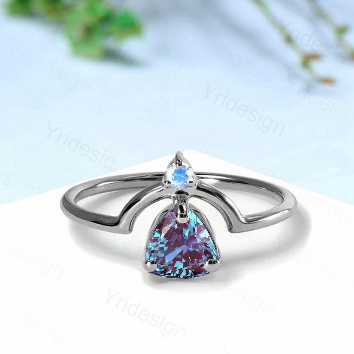 Unique trillion alexandrite engagement ring Nestled color change wedding ring art deco curved infinity moonstone band anniversary gift